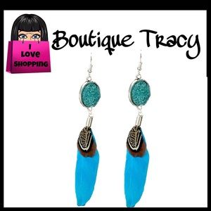 NEW Boho Turquoise Feather and Druzy Drop Earrings